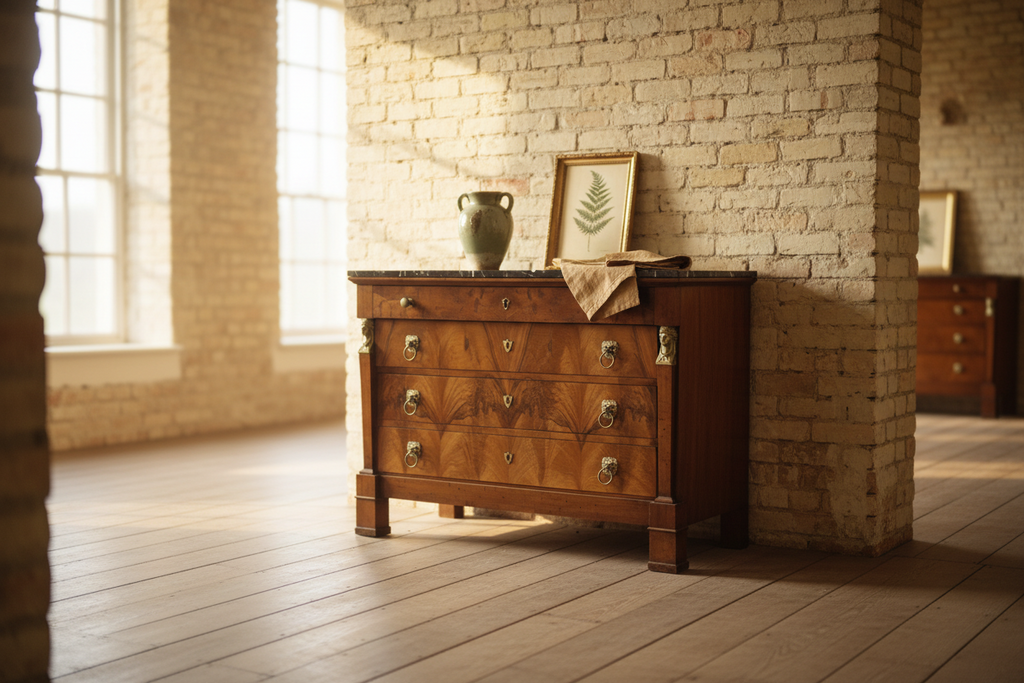 Antique Walnut Chest w/ Brass, Black Marble Top, c. 1810