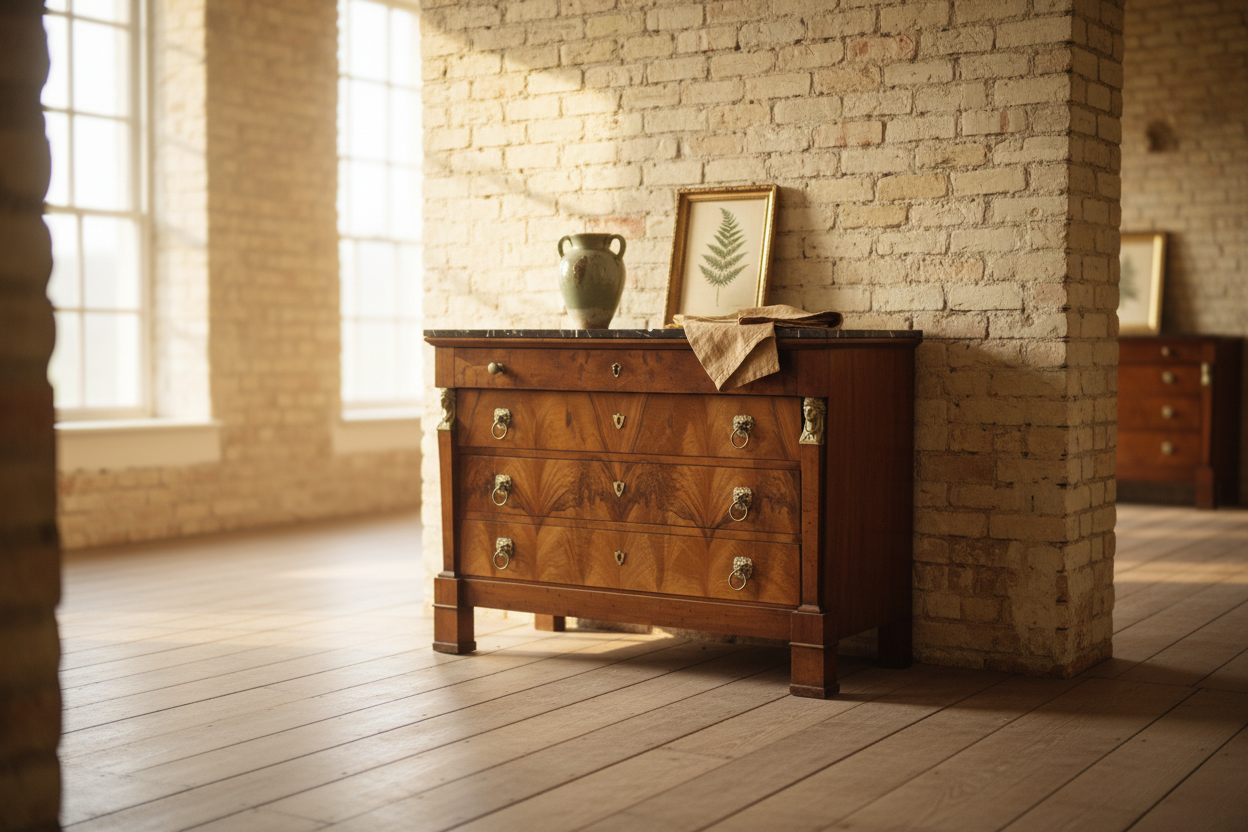 Antique Walnut Chest w/ Brass, Black Marble Top, c. 1810