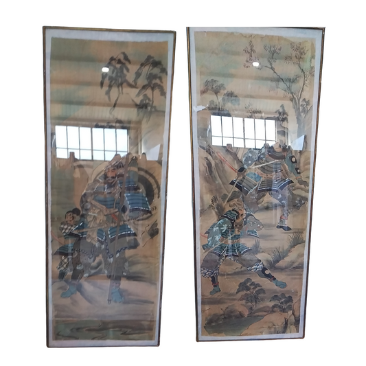 Pair of Framed Silk Warrior Portraits