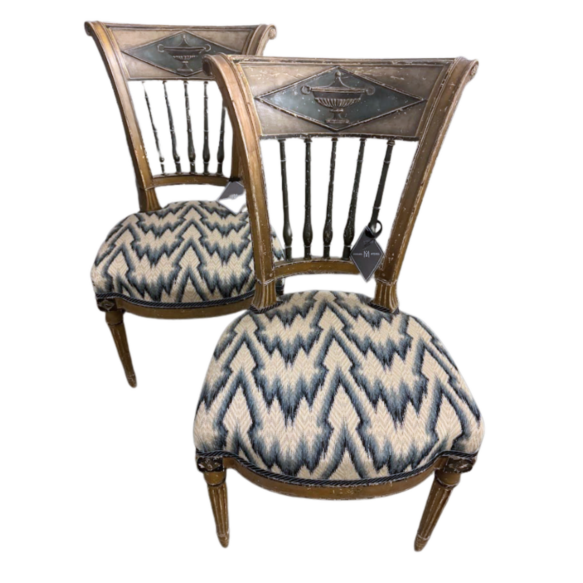 Pair of Louis XVI Chairs with Blue and White Stitching