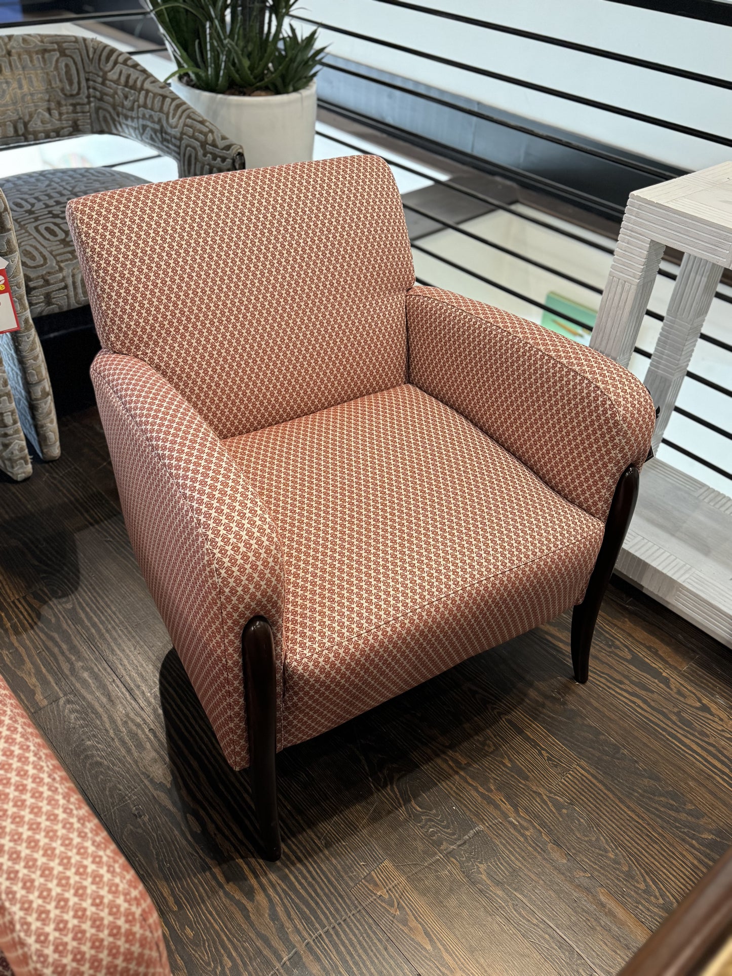 Curved Arm Chair in Rust Diamond Pattern with Cambridge Exposed Legs