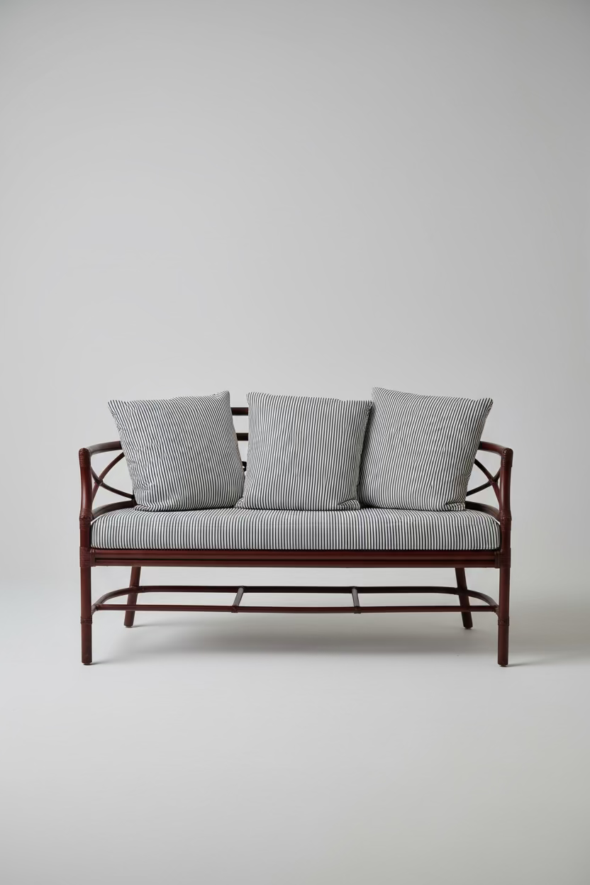 Gondola Settee in Black + White Performance Stripe, Ming Red Finish