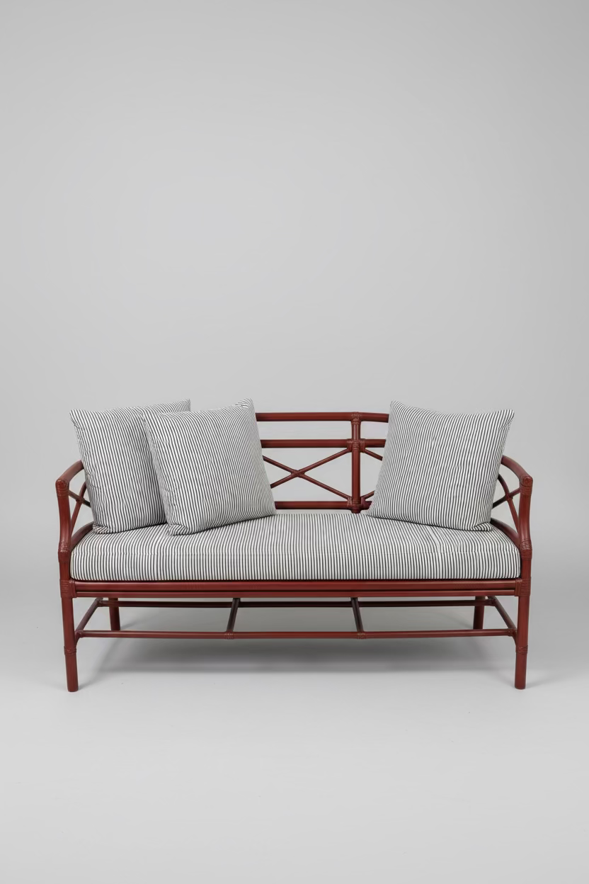 Gondola Settee in Black + White Performance Stripe, Ming Red Finish