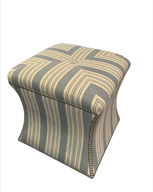 Blue Pinstripe Ottoman with Nailheads
