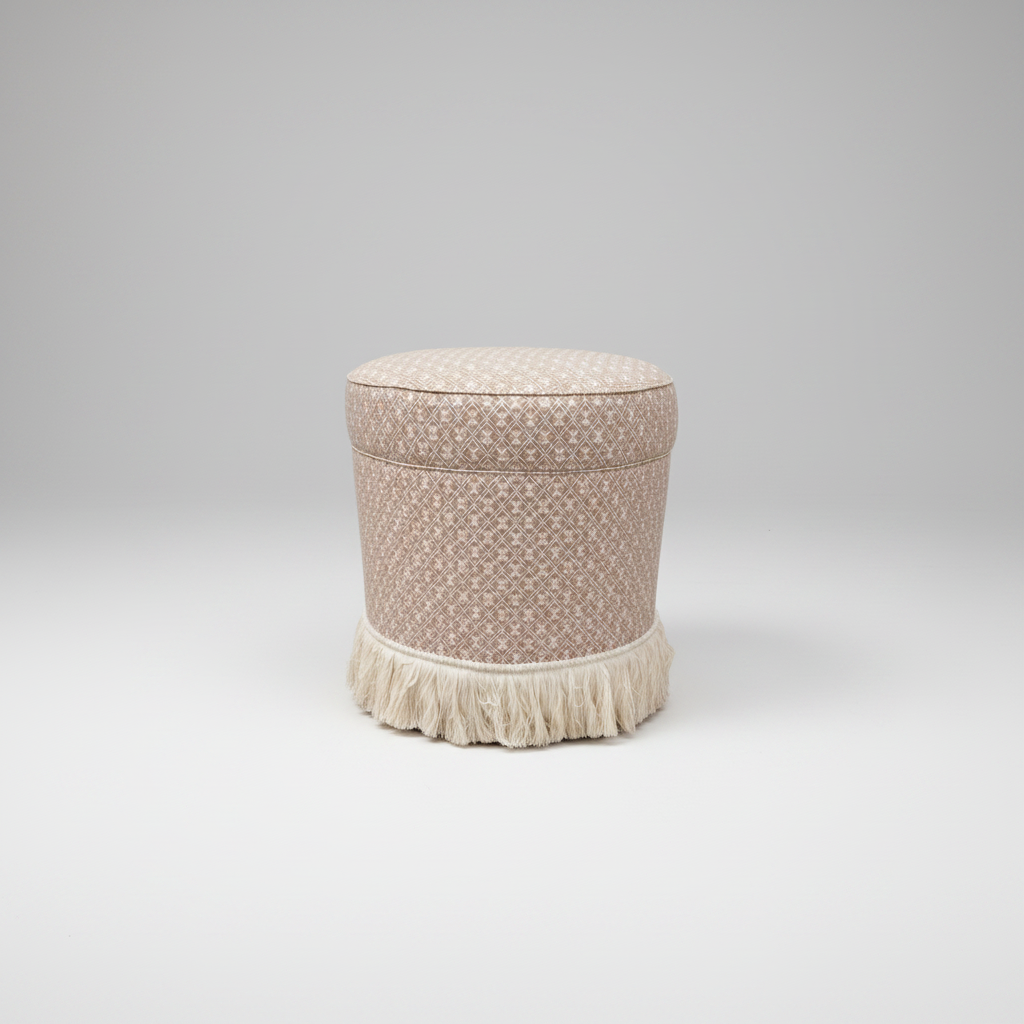 Pink Shrimp Swivel Ottoman with Cream Fringe
