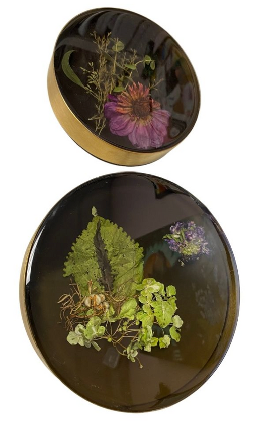 Flowers Encased in Hand-Poured Resin with a Brass Trim