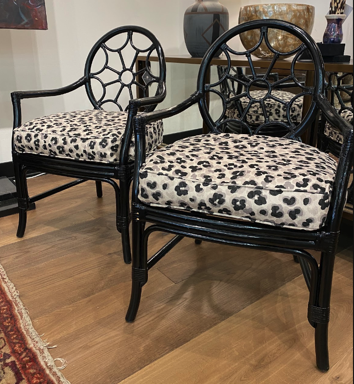 Black Rattan Spider Back Chair with Leopard Seat Cushion