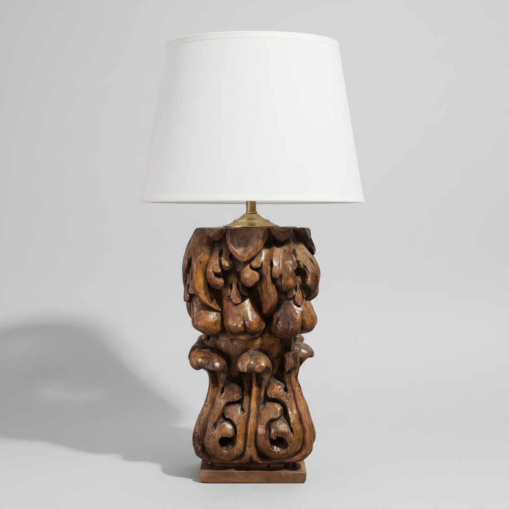 Carved Wood Lamp Base, Pair