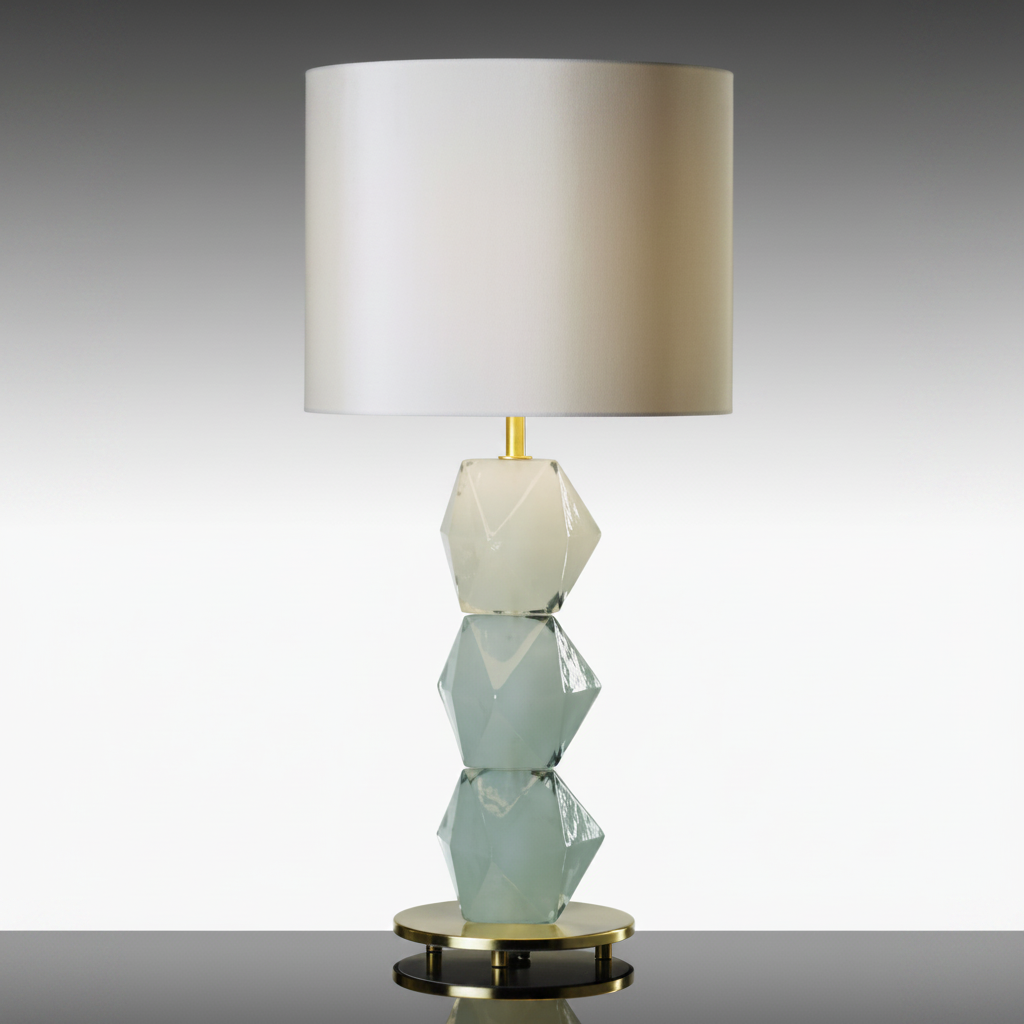 Pair, Pulegoso Diamond Cut Murano Glass Table Lamp with Silk Shades