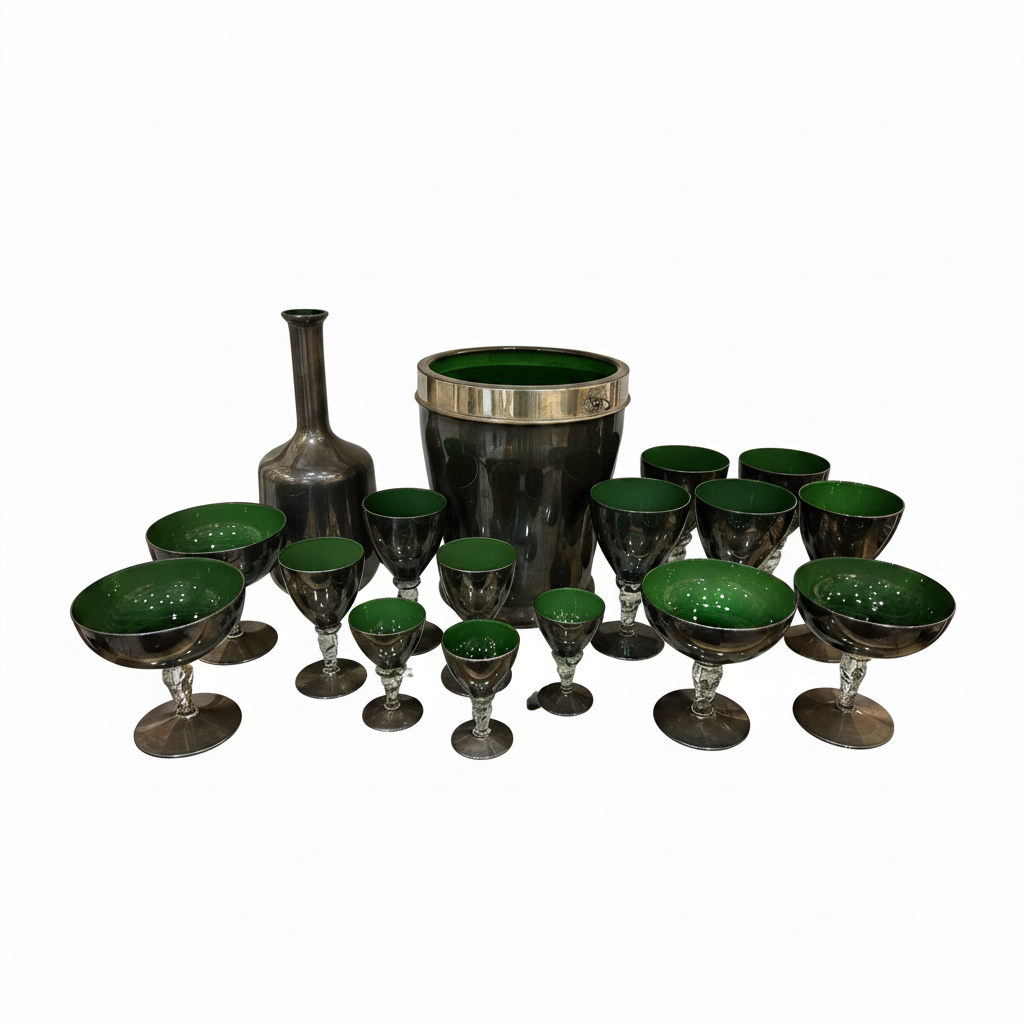 Collection of Barware Set, Silver and Green Enamel