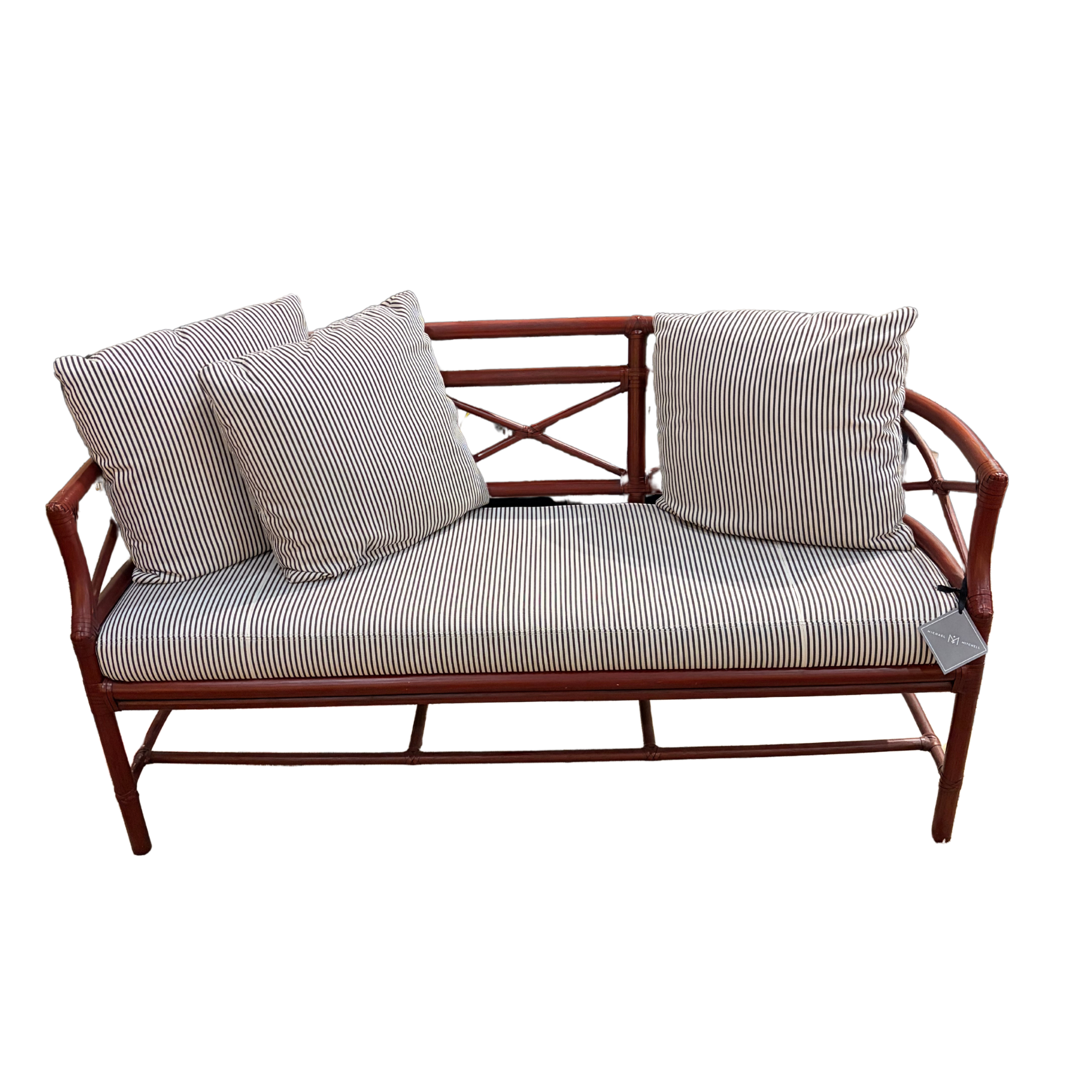 Gondola Settee in Black + White Performance Stripe, Ming Red Finish