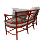 Gondola Settee in Black + White Performance Stripe, Ming Red Finish