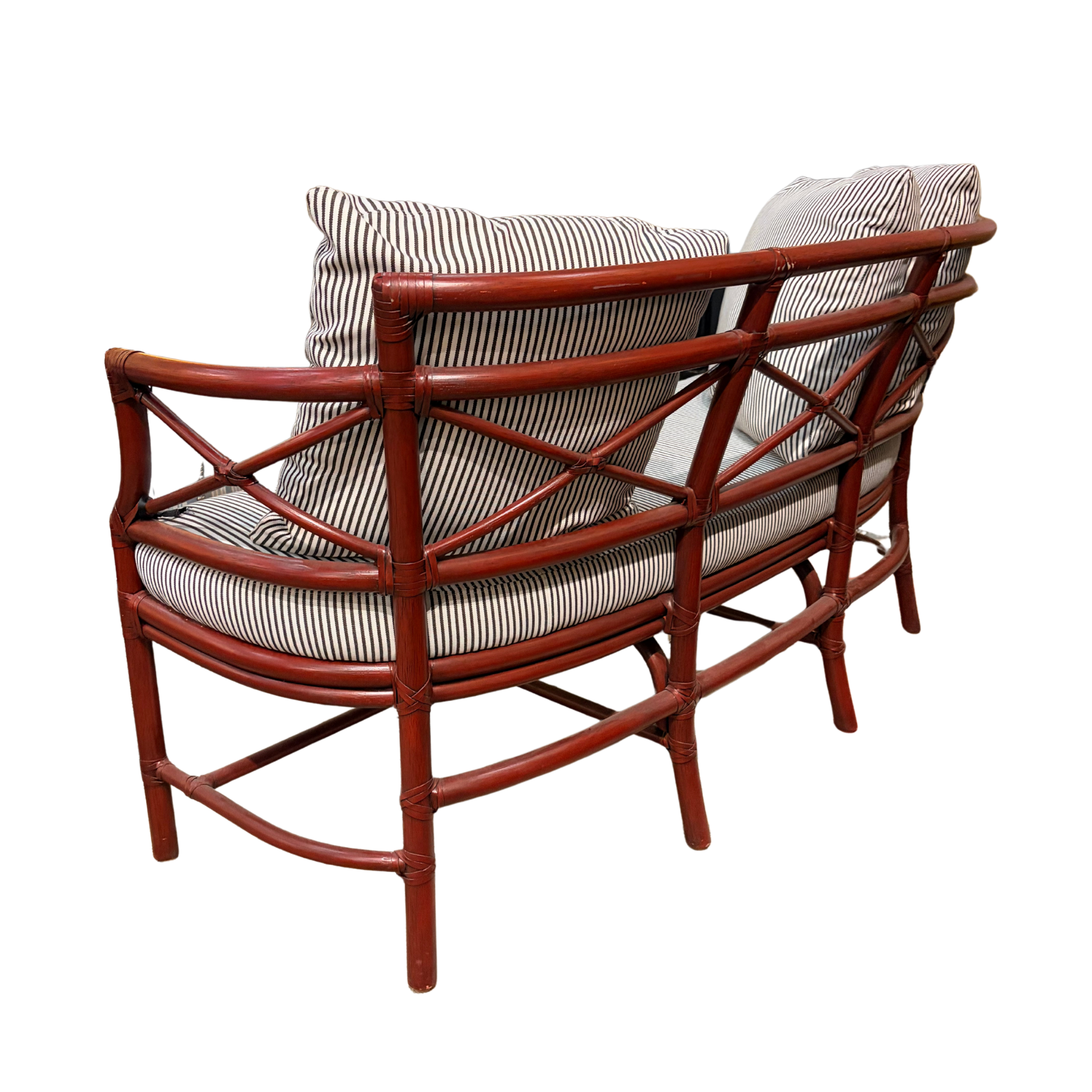 Gondola Settee in Black + White Performance Stripe, Ming Red Finish