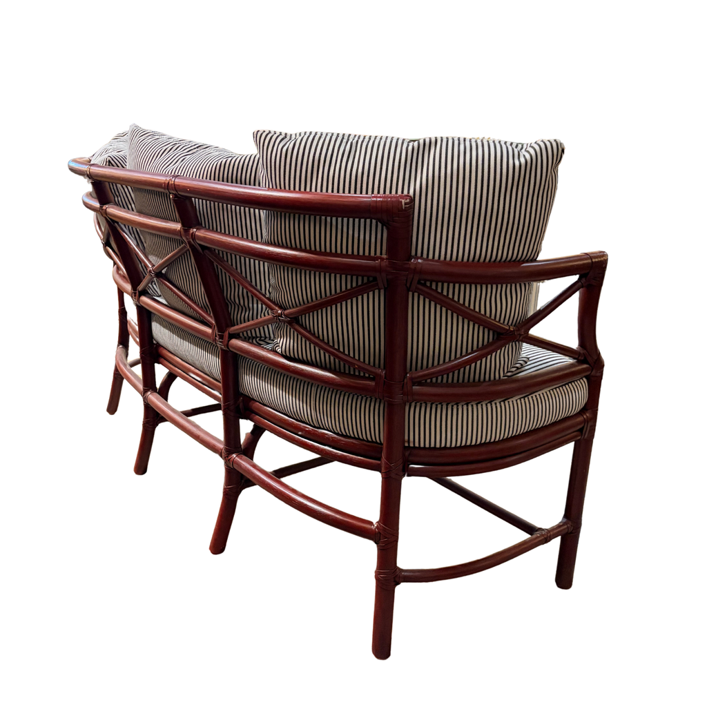 Gondola Settee in Black + White Performance Stripe, Ming Red Finish