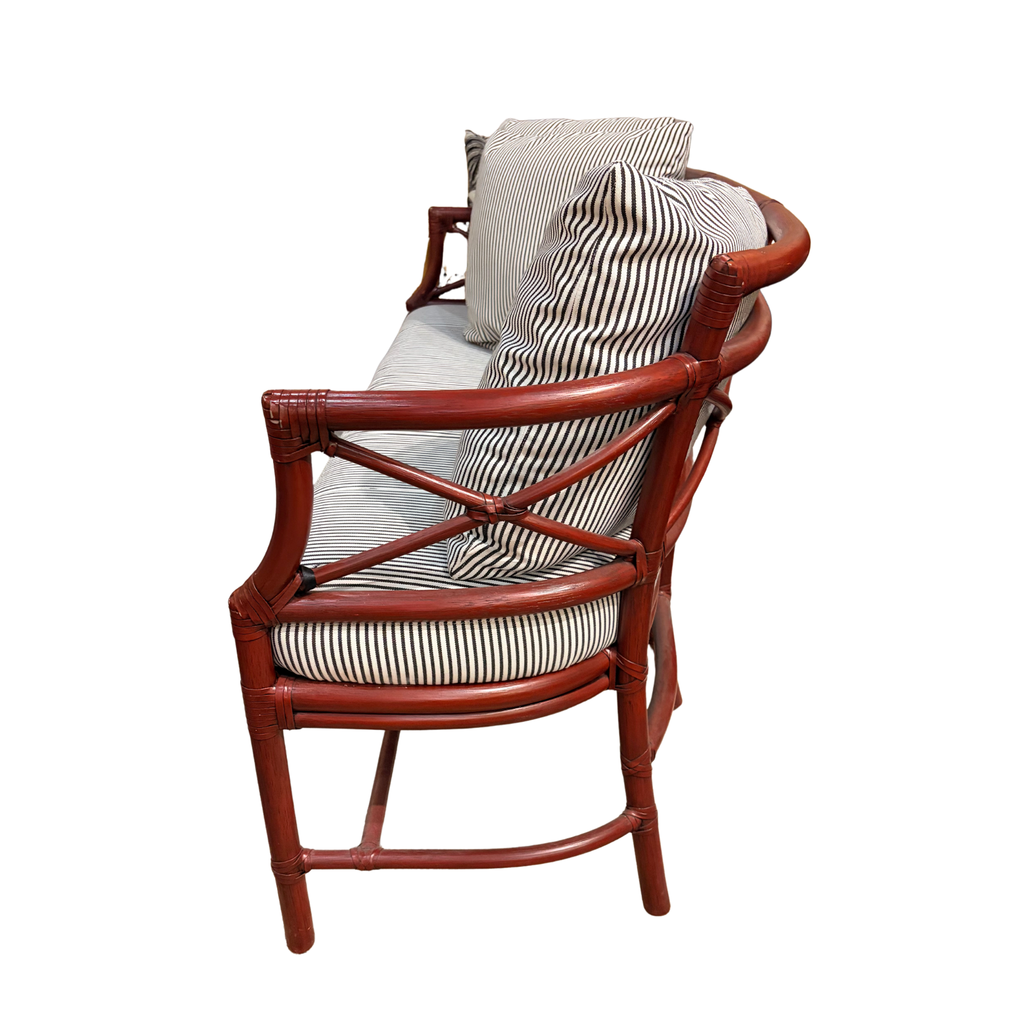 Gondola Settee in Black + White Performance Stripe, Ming Red Finish