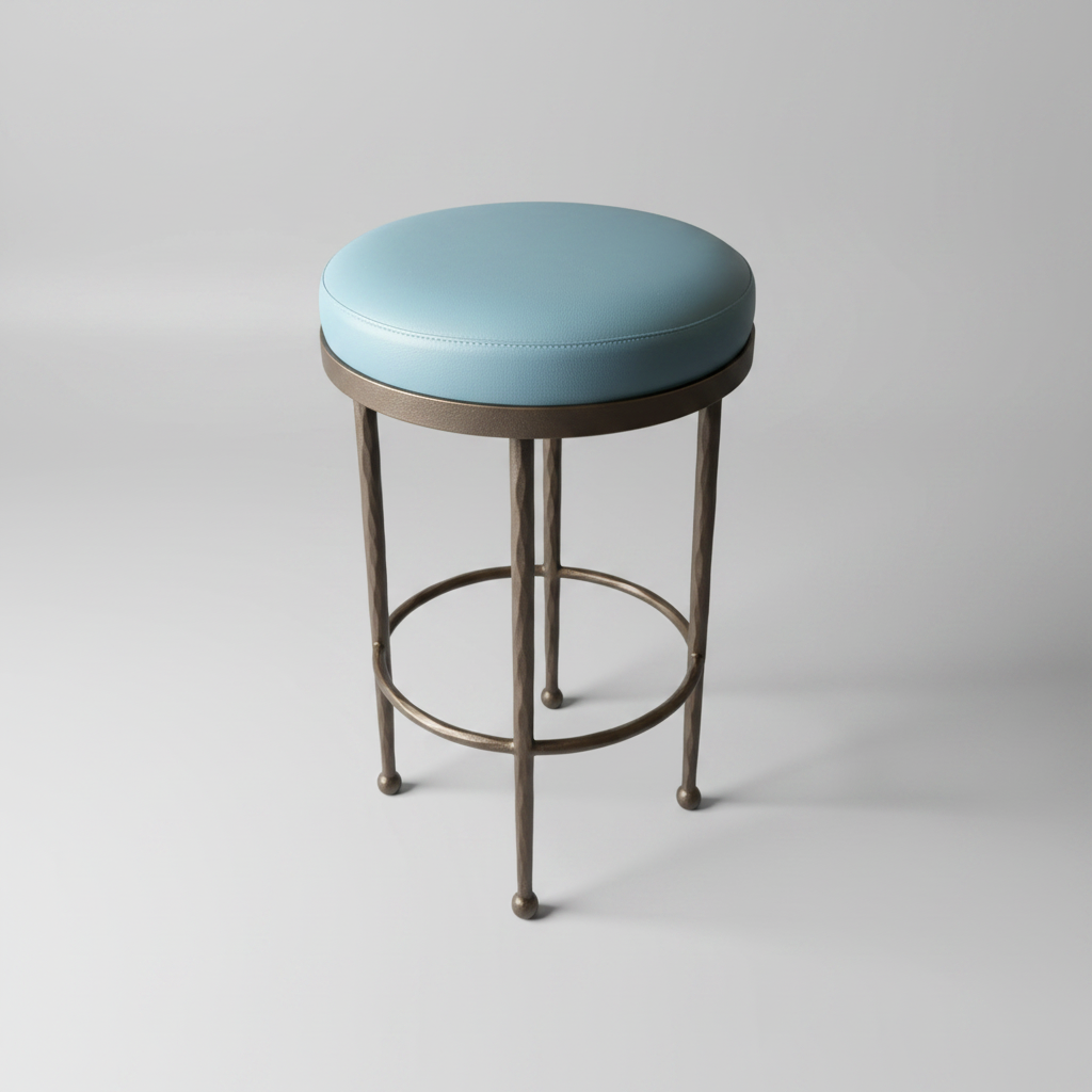 Blue Leather Counter Stools with Hammered Bronze Legs