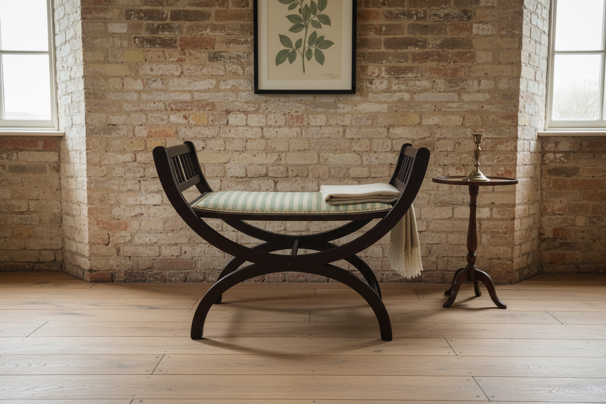 Antique Mahogany X Frame Folding Striped Green Bench