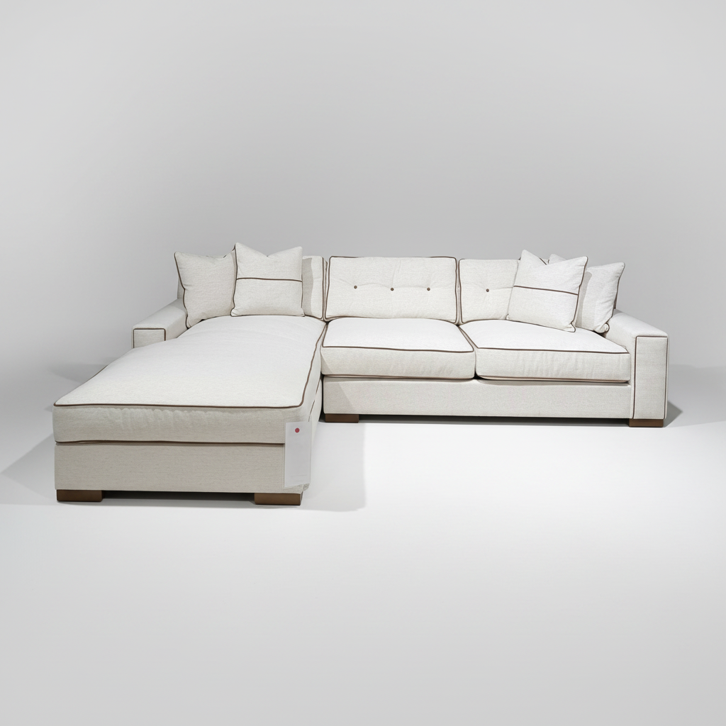 Cream Chenille Sectional with Mocha Leather Piping