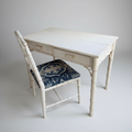 English Faux Bamboo Dressing Table and Chair Upholstered in Hand Printed Baltic Fabric