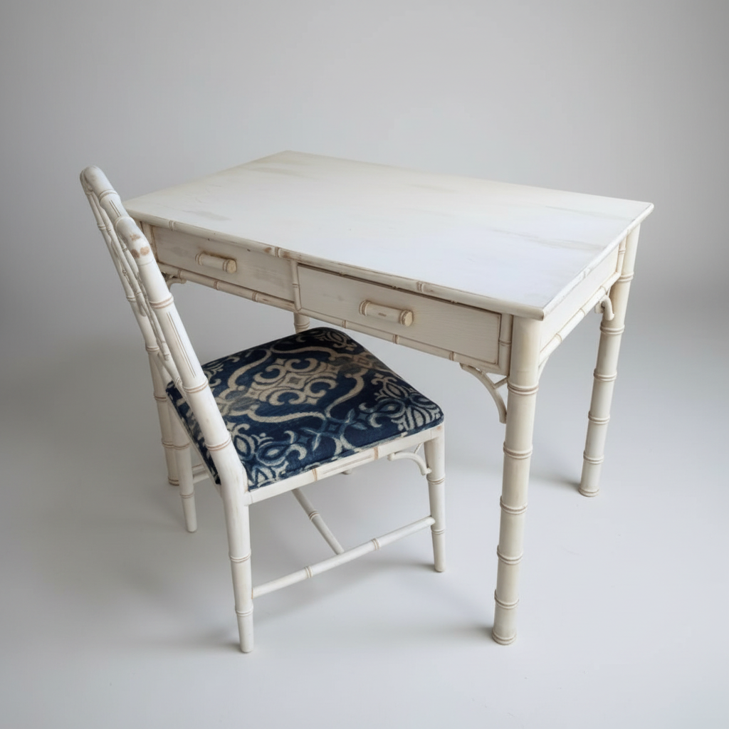 English Faux Bamboo Dressing Table and Chair Upholstered in Hand Printed Baltic Fabric