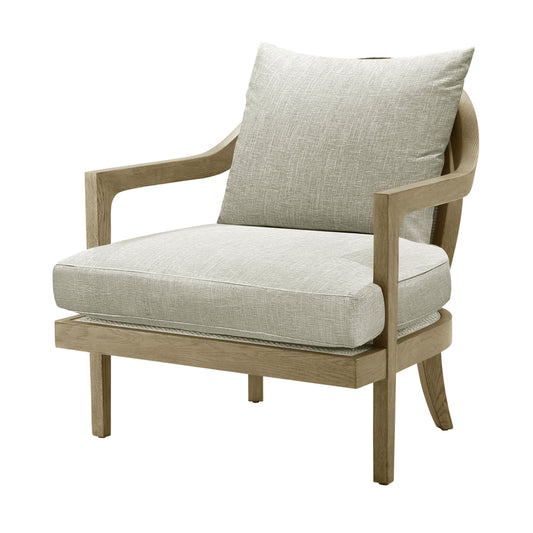 Oak Accent Chair in Dune Finish + Fawn Cushion and Leather Wrap Detail