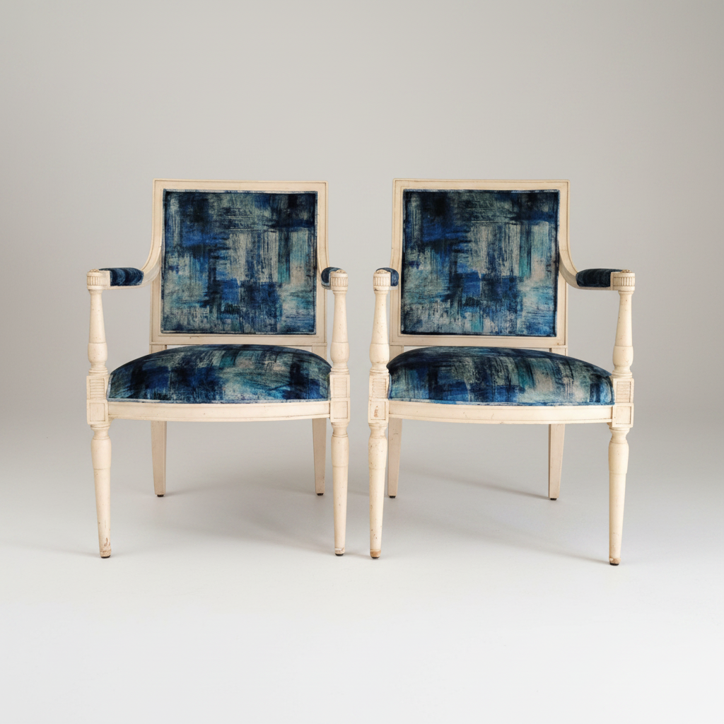 Pair of Louis XVI Style Arm Chairs with Blue Fabric