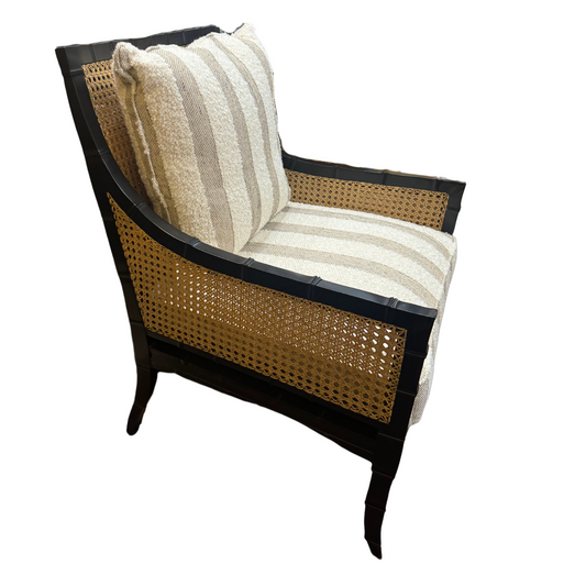 Caned Arm Chair with a Sand + Cream Striped Seat