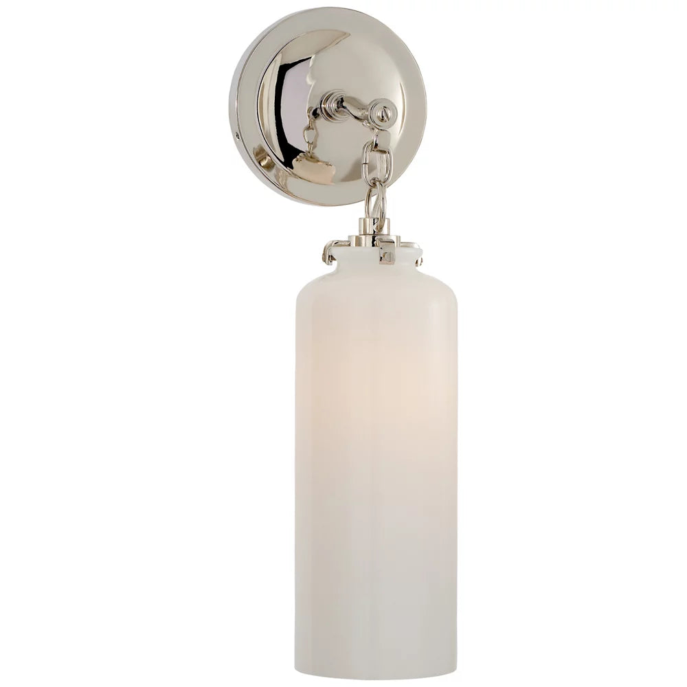 White Glass and Polished Brass Cylinder Wall Sconce