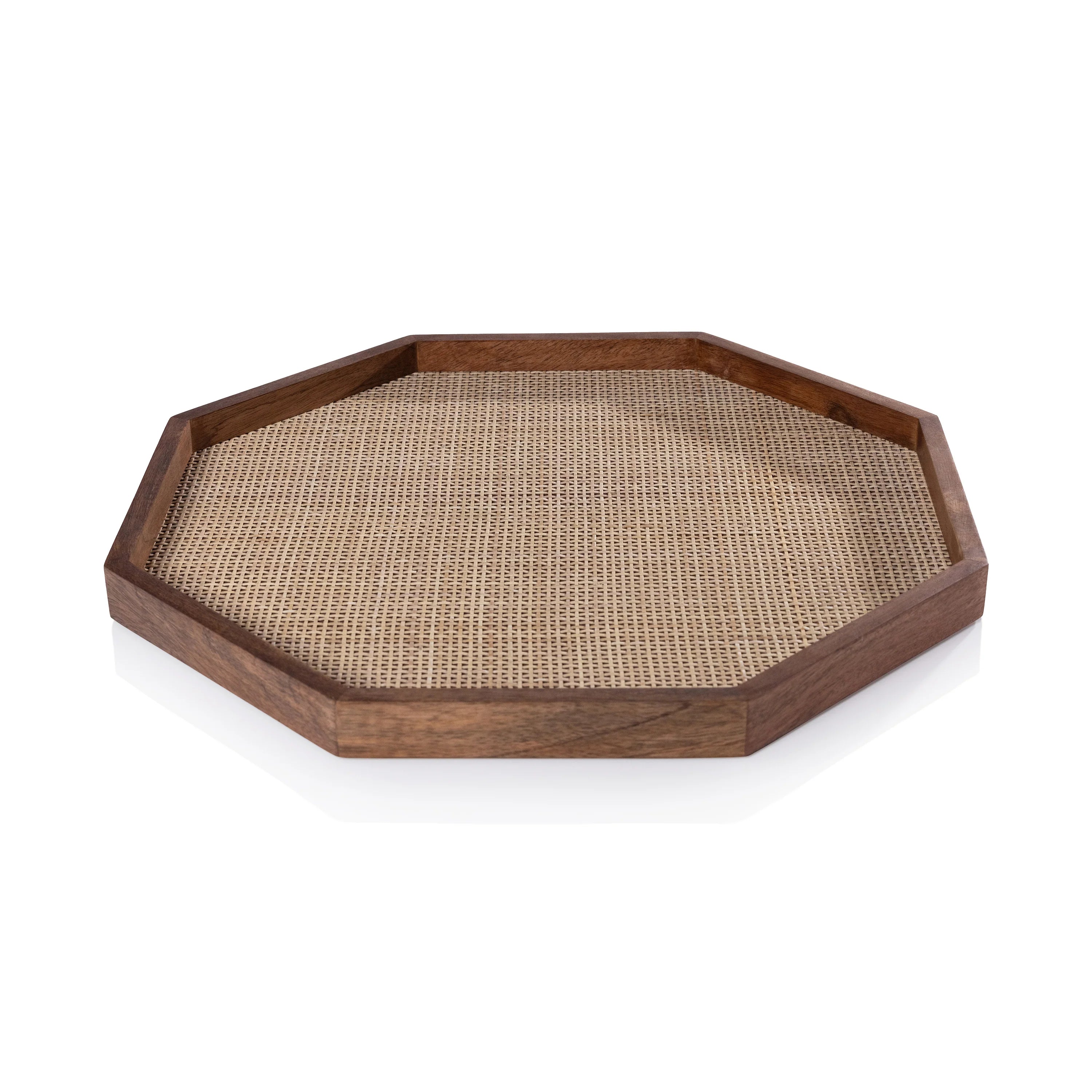 Mango Wood and Rattan Inlay Tray, Octagon