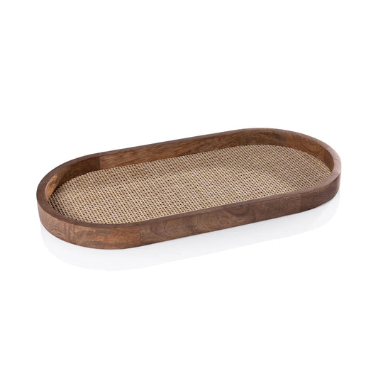 Mango Wood and Rattan Inlay Tray, Oval