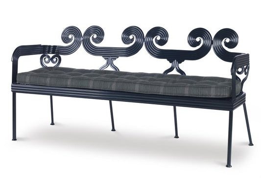 Scrolled Back Outdoor Bench in Black with Performance Fabric Seat