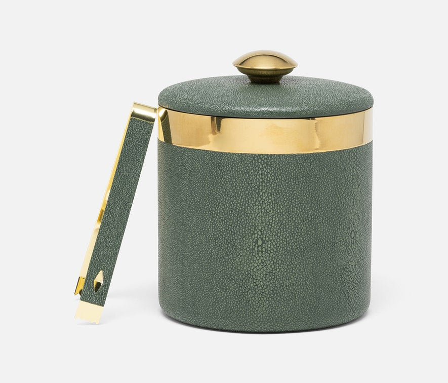 Green Shagreen and Brass Ice Bucket with Tongs
