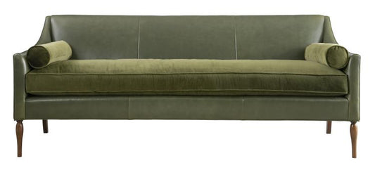 Green Leather and Velvet Bench Seat Sofa