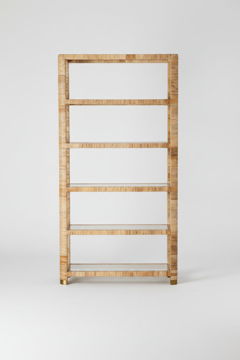 Raffia Wrapped and Brass Etagere with Mirrored Shelves