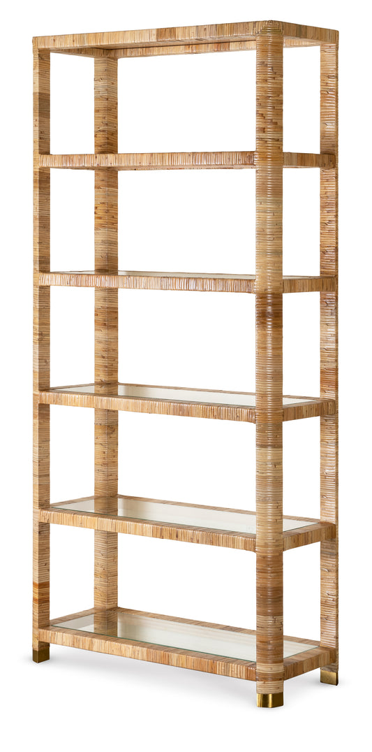 Raffia Wrapped and Brass Etagere with Mirrored Shelves