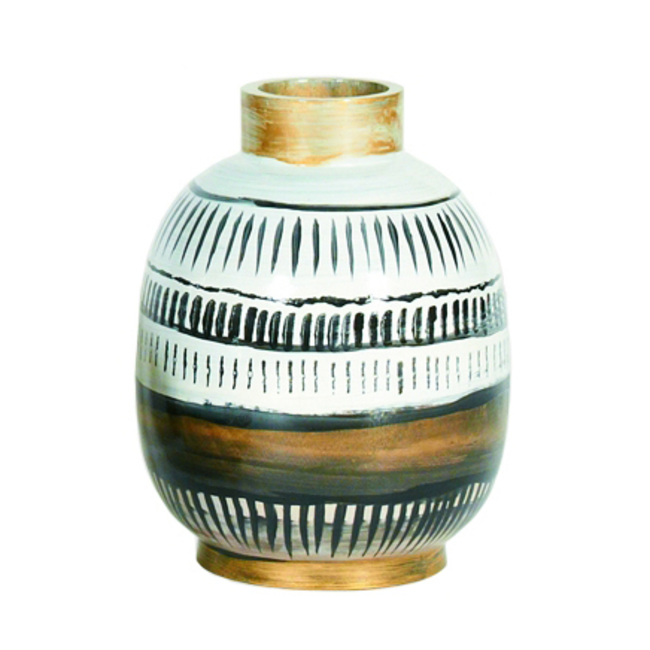 Wooden Vase with Hand Painted Pattern in Black, White + Gold