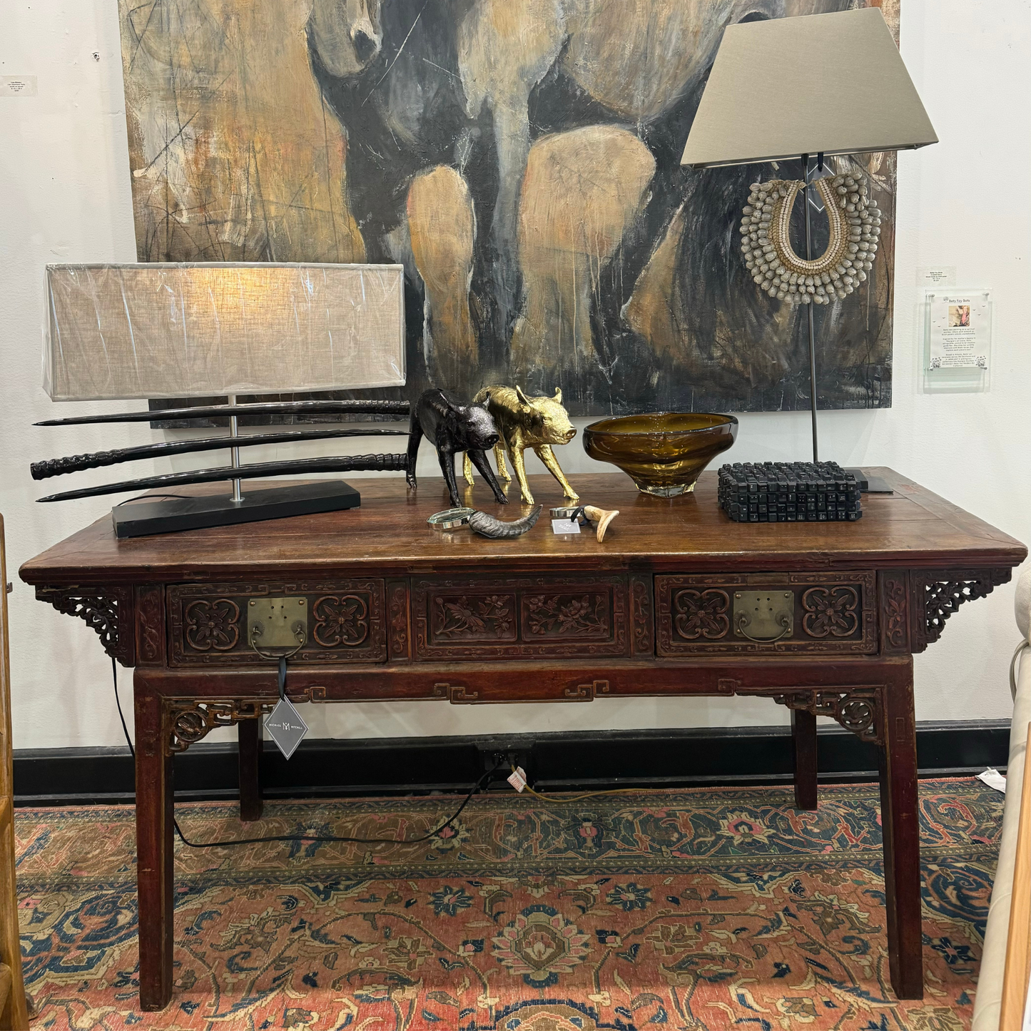 19th Century Chinese Carved and Lacquered Wood Scholars Table with Drawers