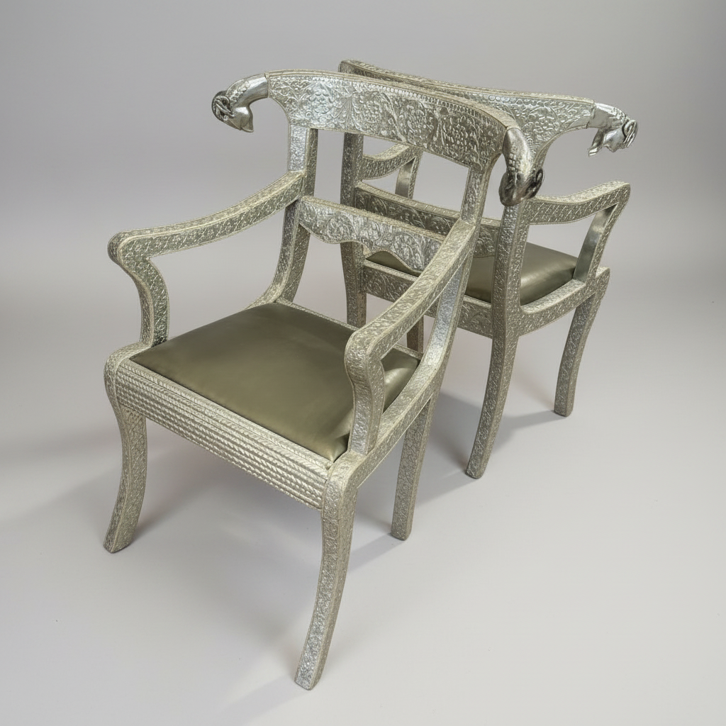 Anglo-Indian Silvered Wrapped Clad Side Chairs, Pair