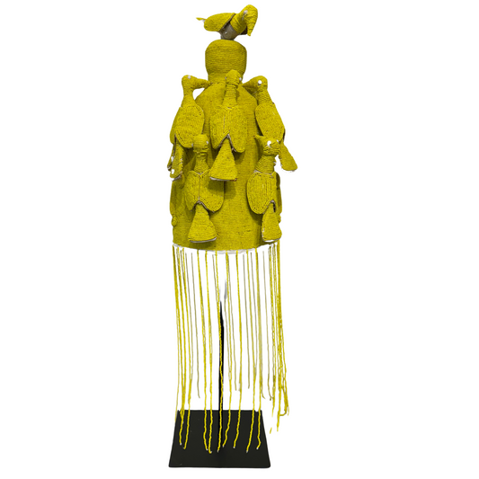 Yellow Beaded Bird Head Dress on Stand