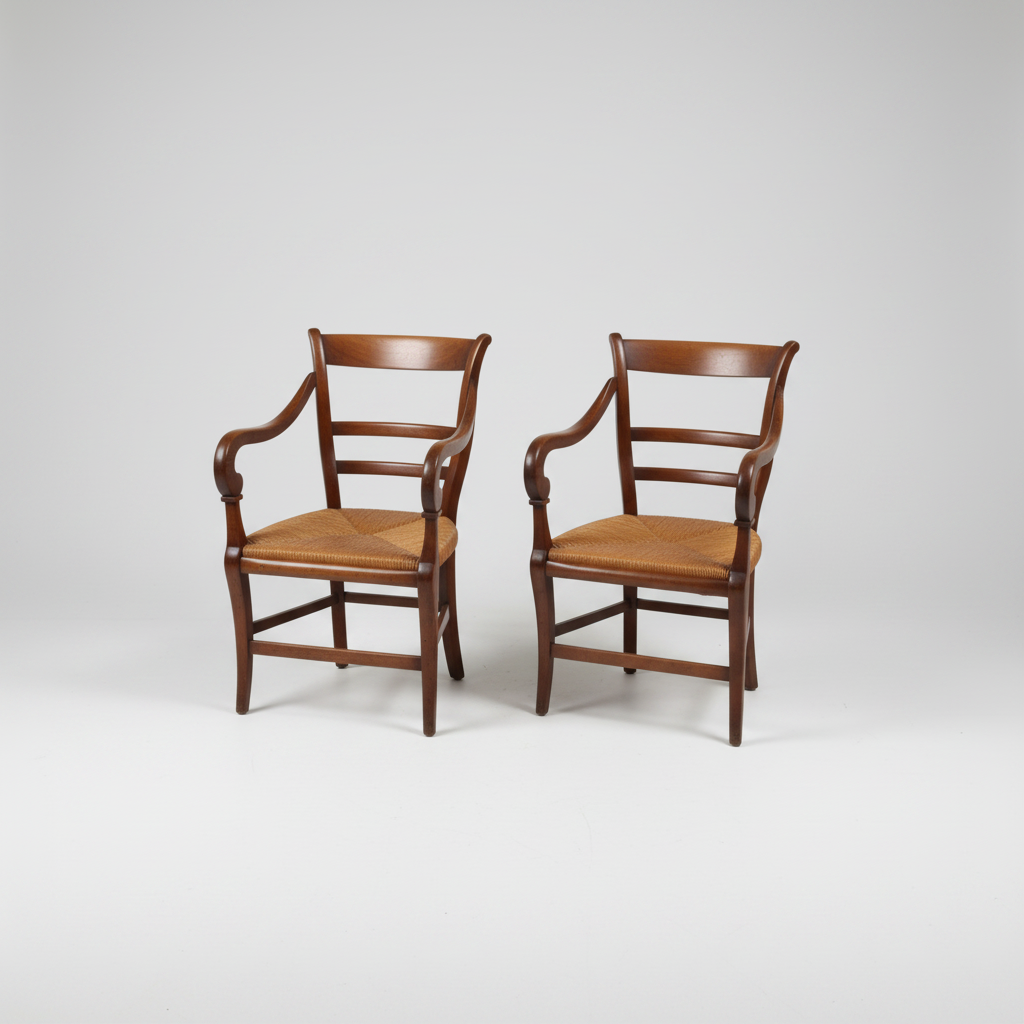 Pair of Cherrywood French Armchairs with Rushed Seat, Circa 1870