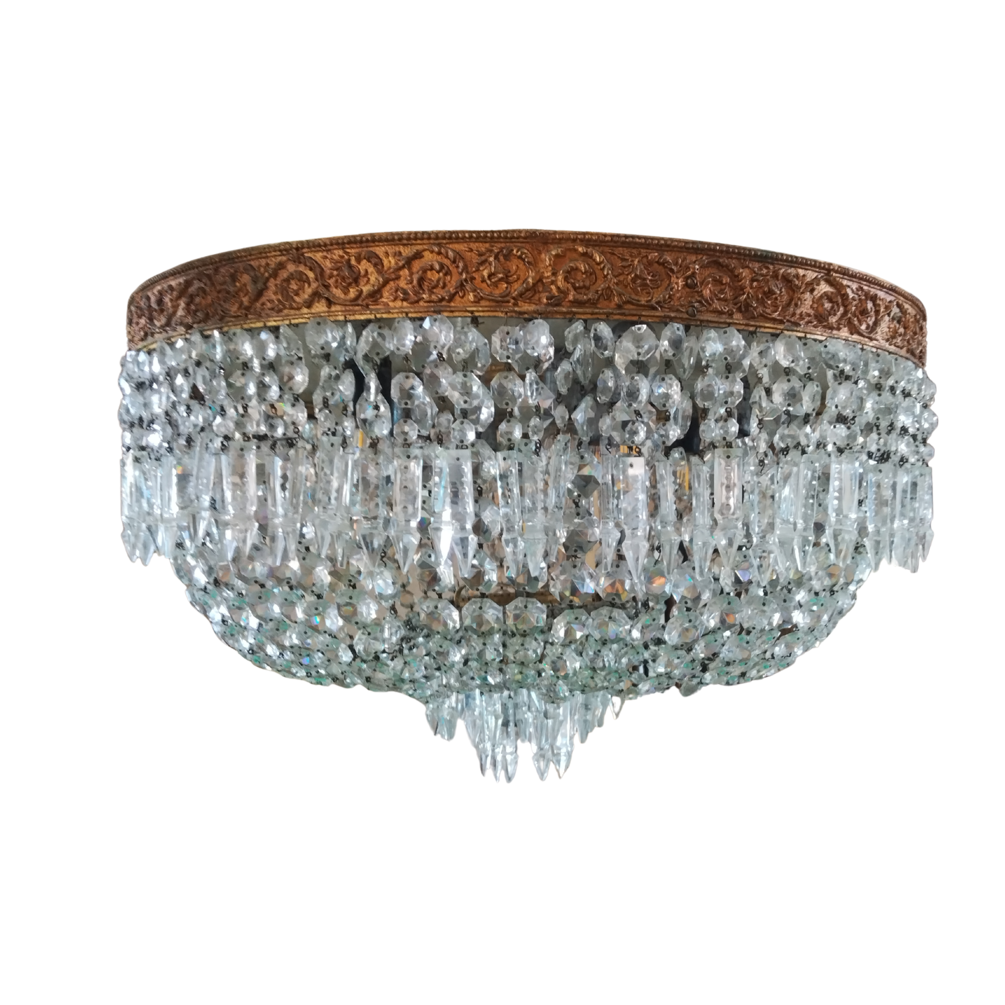 Brass and Crystal Flush Mount, 1900