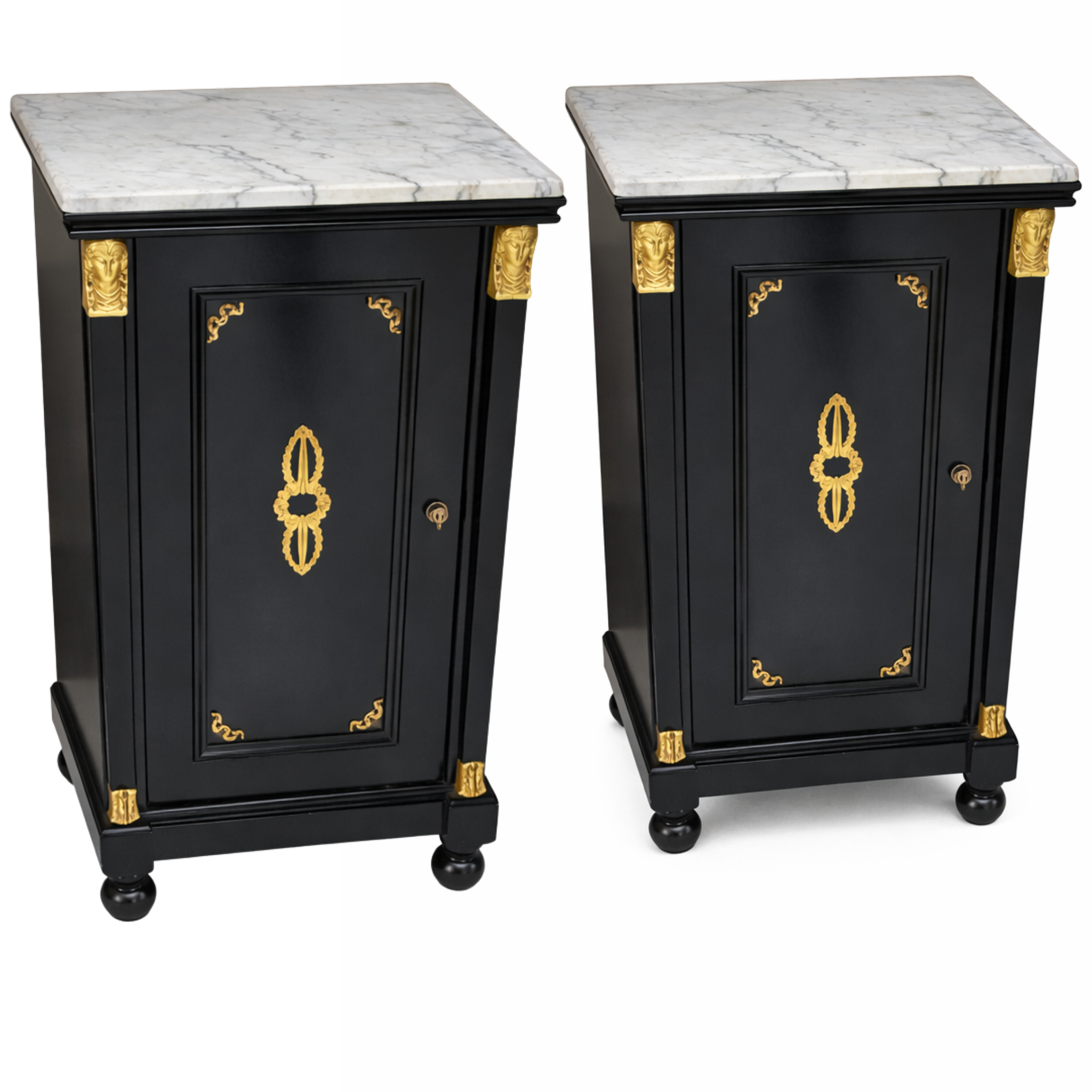 Pair of Ebonised Empire Nightstands with White Marble Top
