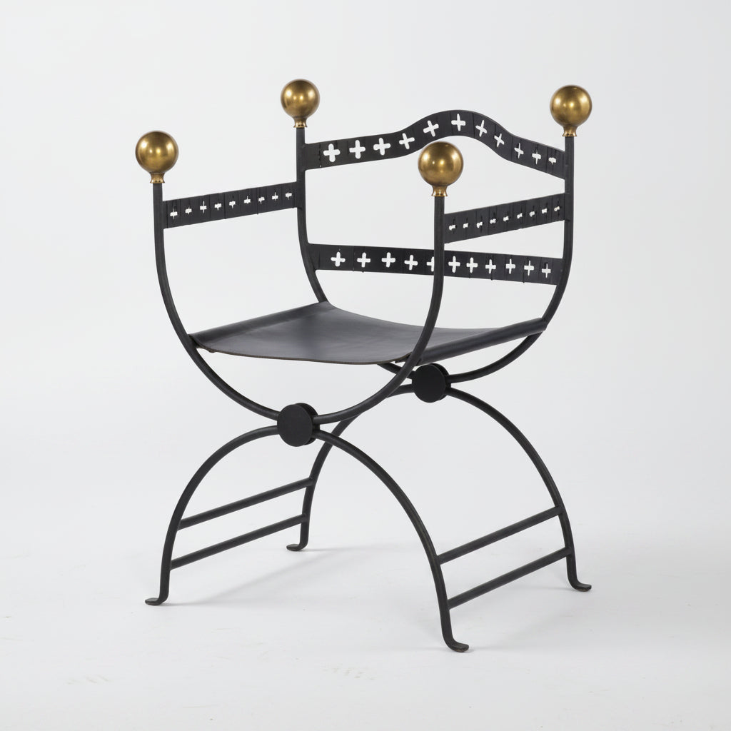 Savonarola Iron and Brass Chair with a Leather Seat