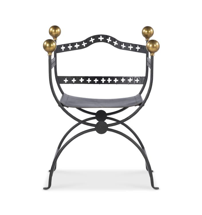 Savonarola Iron and Brass Chair with a Leather Seat