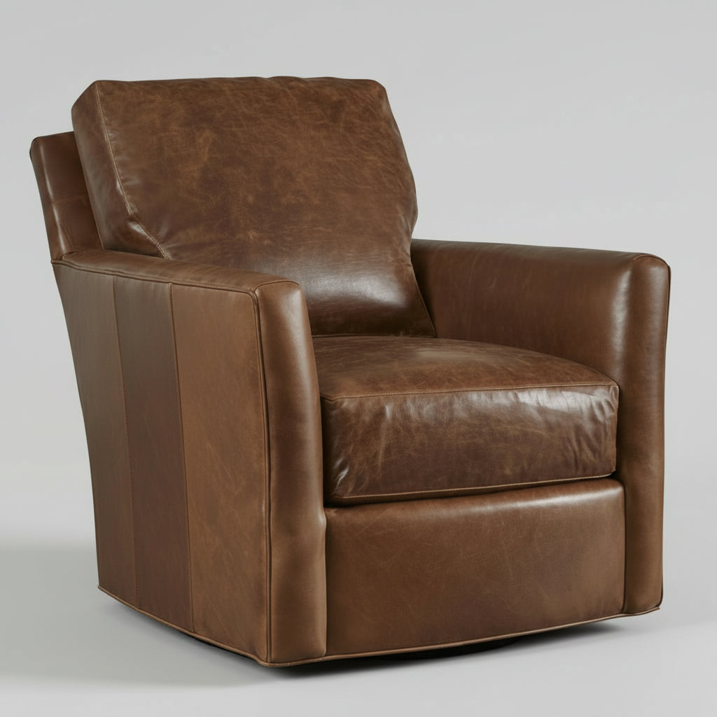 Leather Swivel Chair in Chestnut with Seam Details