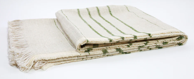 Linen Mix Throw in Natural + Green Stripe