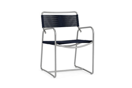 Reproduction Walter Lamb Aluminum Outdoor Arm Chair in Platinum Finish + Marine Rope